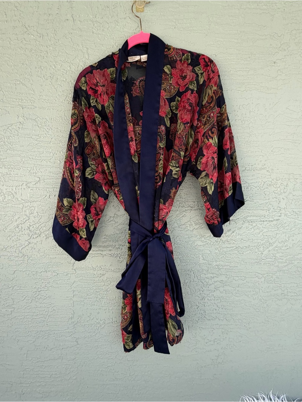 Vintage Victorias Secret Gold Label Satin Kimono Robe Blue Pink Floral One Size